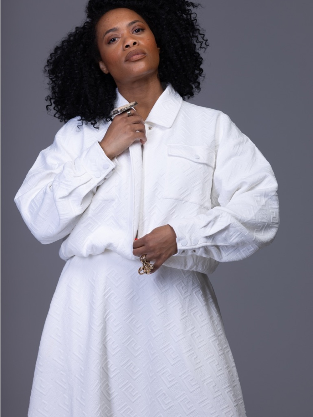 White Textured Bomber Jacket - Women's Jacket & Coat